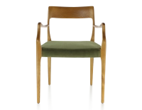 Chaise scandinave avec accoudoirs bois teinte merisier assise tissu vert olive