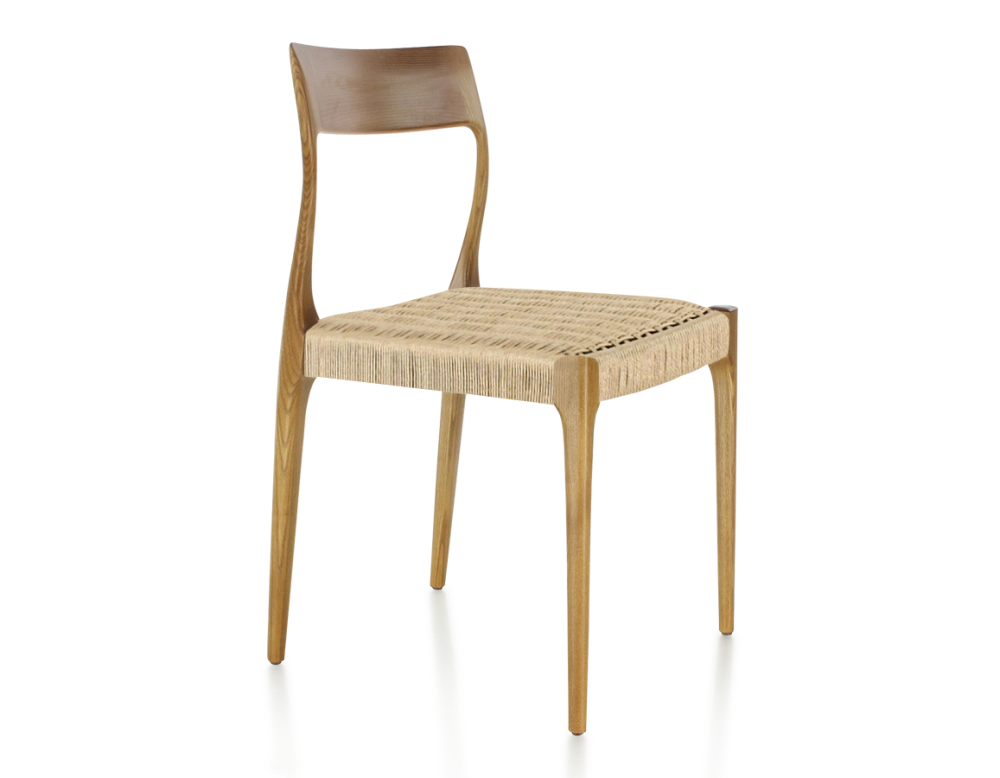 Chaise scandinave bois teinte merisier assise corde