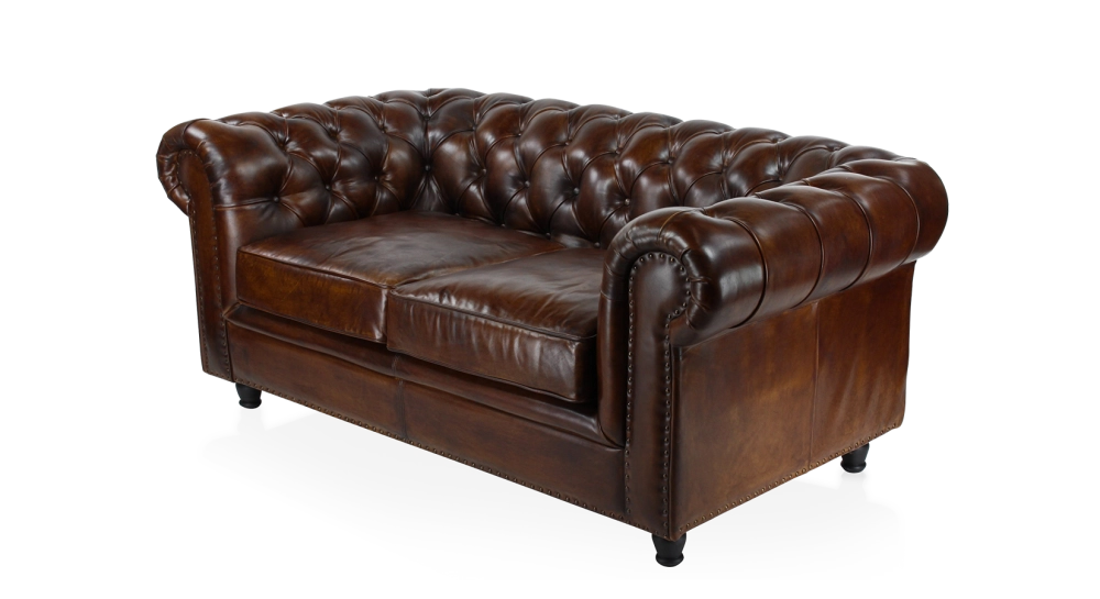 2 seater Chesterfield leather sofa dark brown studded armrests