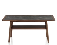 Table basse rectangulaire en chêne et céramique avec bois teinte marron foncé plateau céramique effet marbre noir 100x50 cm