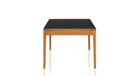 Table salle à manger en chêne et céramique 8 personnes avec bois teinte merisier et plateau céramique noir unie 180x100 cm