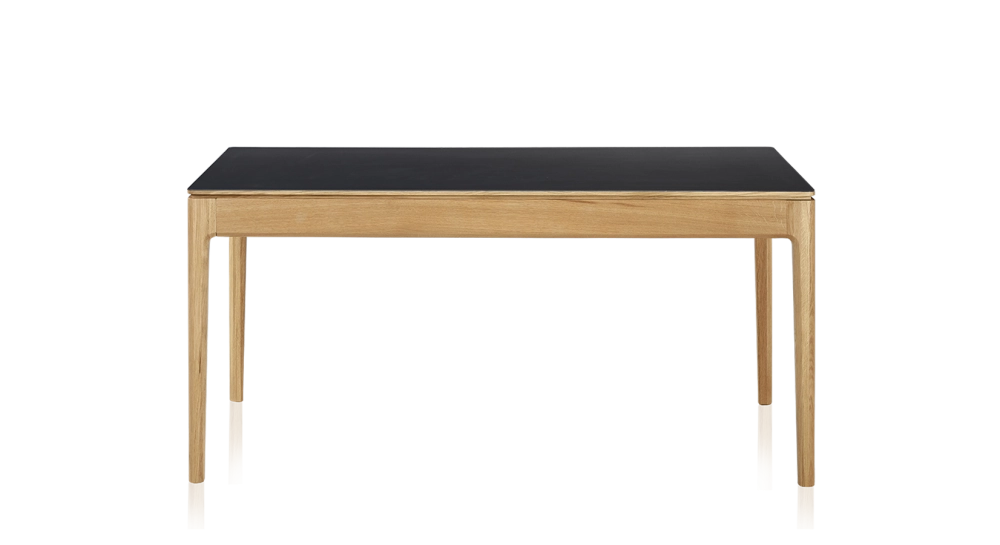 Table salle à manger 6 personnes en chêne et céramique avec bois teinte naturelle et plateau céramique noir unie 140x90 cm