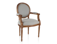 Antique Louis XVI style armchair with armrests wood stained in an antique style and light grey fabric