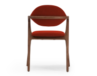 Designer armchair dark brown stained wood and burnt orange fabric