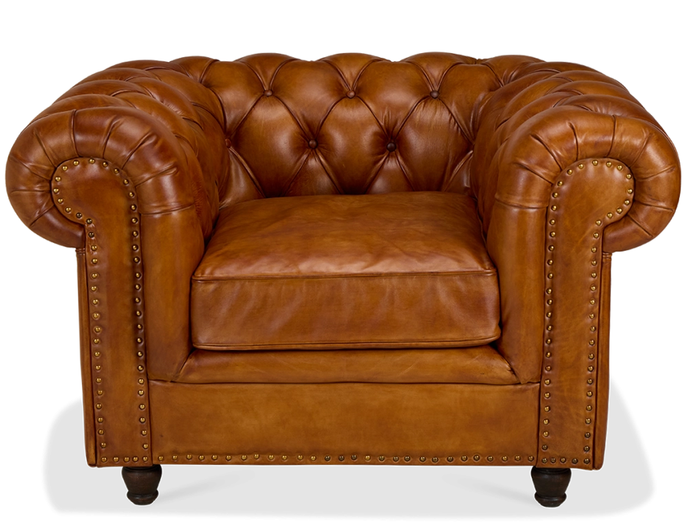 Fauteuil chesterfield cuir marron clair accoudoirs cloutés