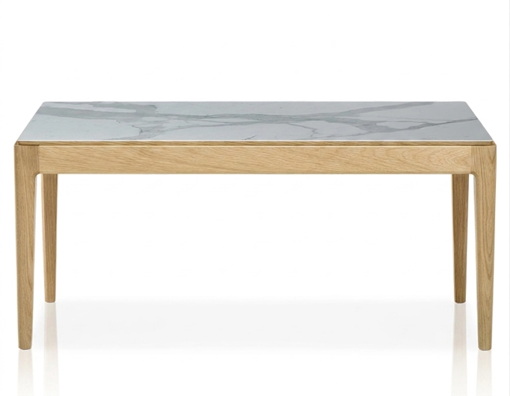Table basse rectangulaire en chêne et céramique sans tablette en bois teinte naturelle plateau céramique effet marbre blanc