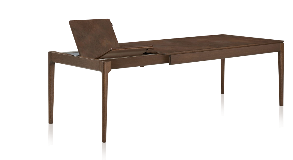 Table extensible en chêne et céramique 6 à 10 personnes allonges céramique avec bois teinte marron foncé et plateau et allonges céramique brun oxydé 140x90 cm