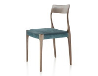 Silla escandinava madera tintada marrón oscuro asiento tejido terciopelo azul petróleo