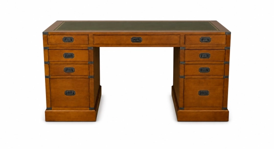 Bureau marine double caissons 9 tiroirs bois teinte merisier et cuir vert