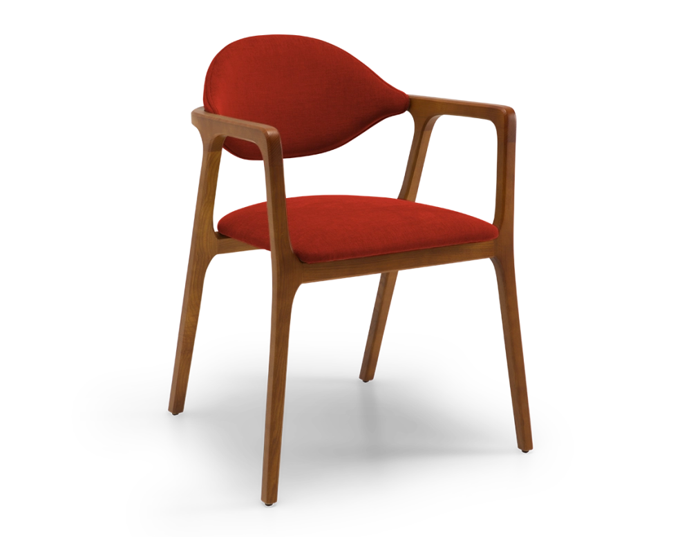 Chaise design avec accoudoirs bois teinte merisier et tissu orange brulé
