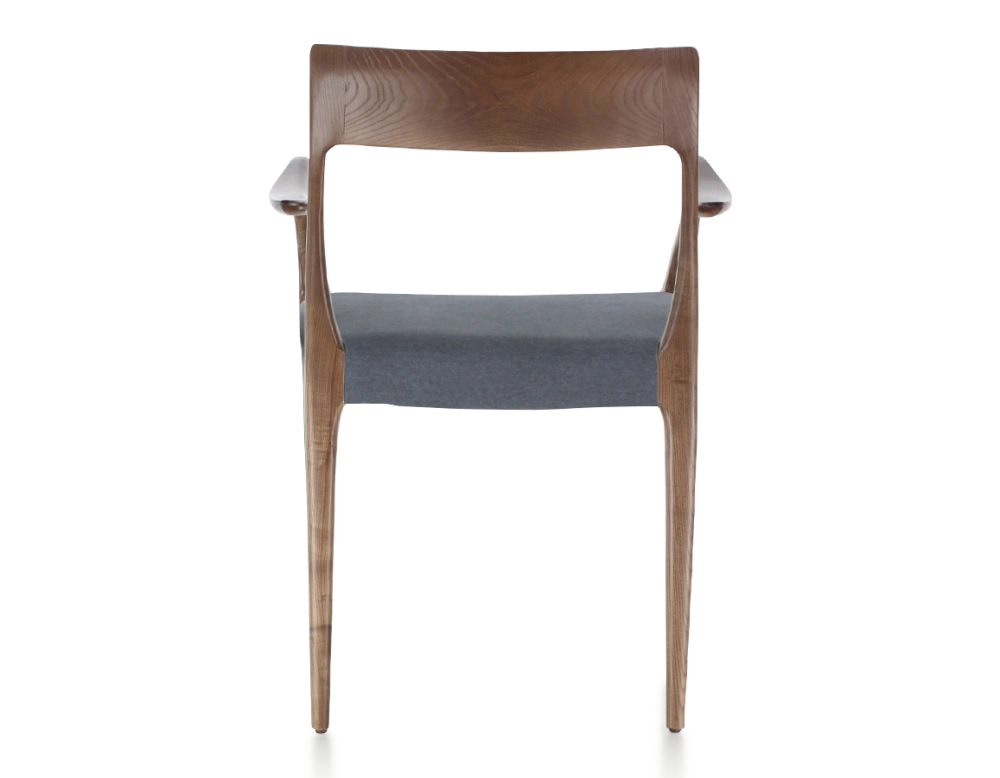 Chaise scandinave avec accoudoirs bois teinte marron foncé assise tissu gris