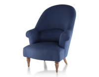 Fauteuil crapaud avec accoudoirs pieds bois teinte noyer et tissu bleu marine haut dossier