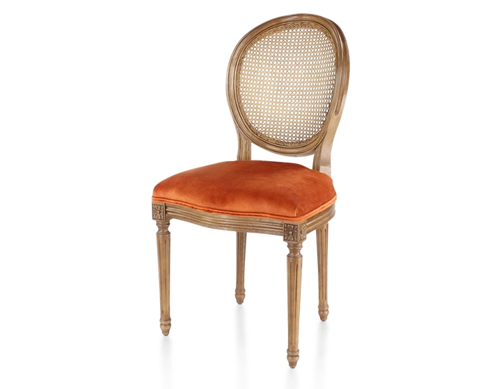 Chaise ancienne style Louis XVI bois teinte ancienne dossier canné assise tissu velours terracotta