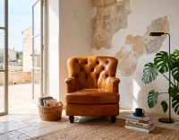 Fauteuil Chesterfield cuir cognac moyen dossier