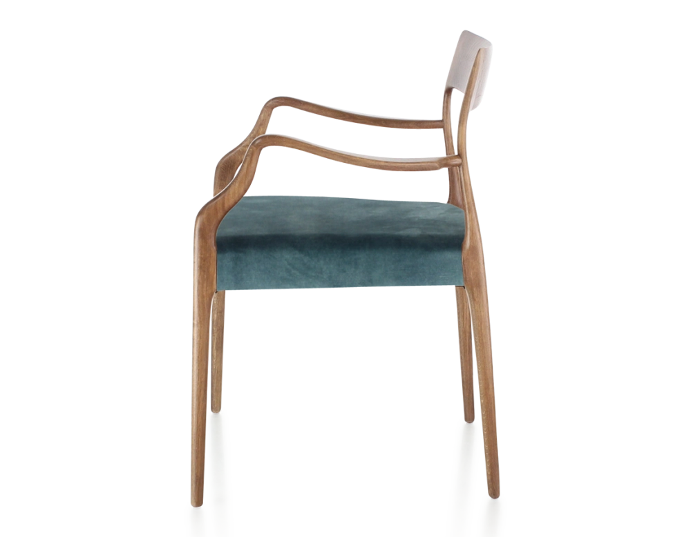 Scandinavian armchair with armrests wood stained walnut seat in petrol blue velvet fabric