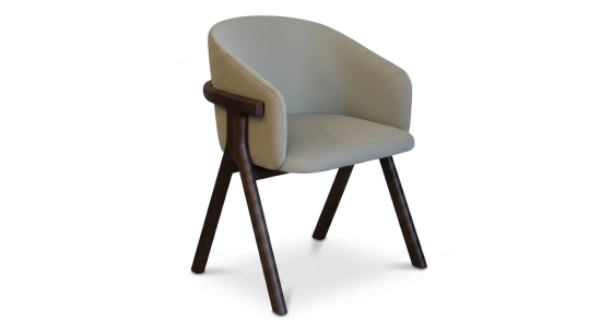 Chaise design en frêne bois teinte marron foncé assise tissu vert pâle