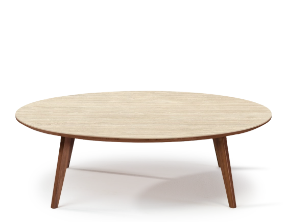 Table basse ronde F1 en noyer et céramique bois teinte naturelle plateau céramique effet pierre travertin 120x120x40 cm