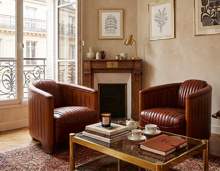 Fauteuil club bois et cuir marron vintage