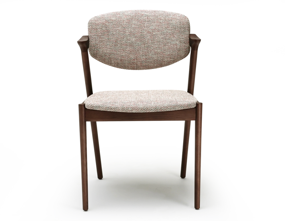 Scandinavian chair dark brown stained wood with fusion fabric seat.