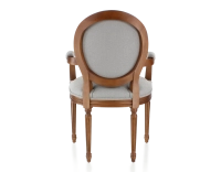 Antique Louis XVI style armchair with armrests wood stained in an antique style and light grey fabric