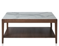 Mesa de centro cuadrada de roble y cerámica con estante en madera tinte marrón oscuro tablero cerámico efecto mármol blanco 100x100 cm