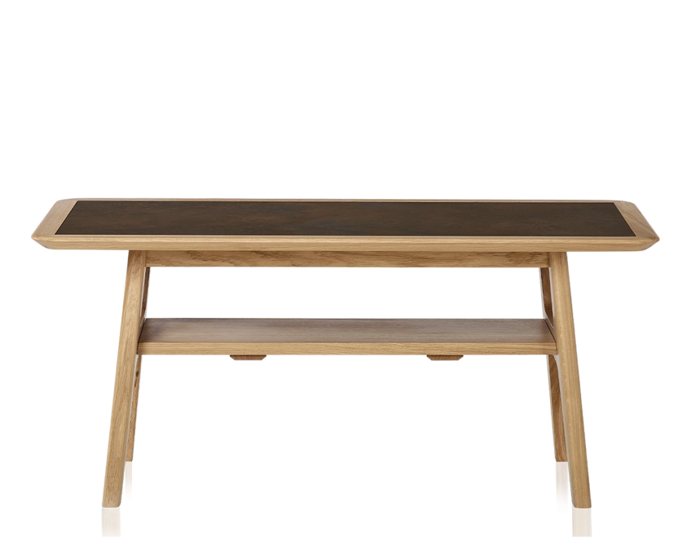 Rectangular coffee table in oak and ceramic with natural stained wood, oxidised brown ceramic top 100x50 cm