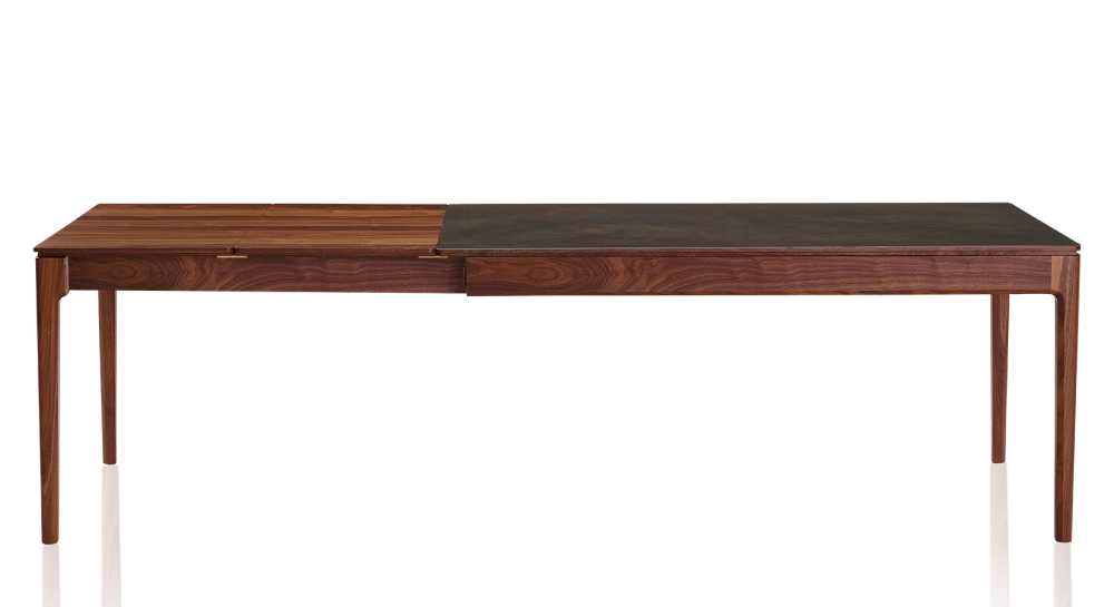 Table extensible 6 à 10 personnes en noyer et céramique allonges bois avec bois teinte naturelle et plateau céramique brun oxydé 160x100 cm