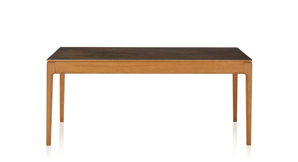 Table salle à manger en chêne et céramique 8 personnes avec bois teinte merisier et plateau céramique brun oxydé 180x100 cm