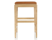 H60 cm designer bar stool natural tint wood, caramel leather seat