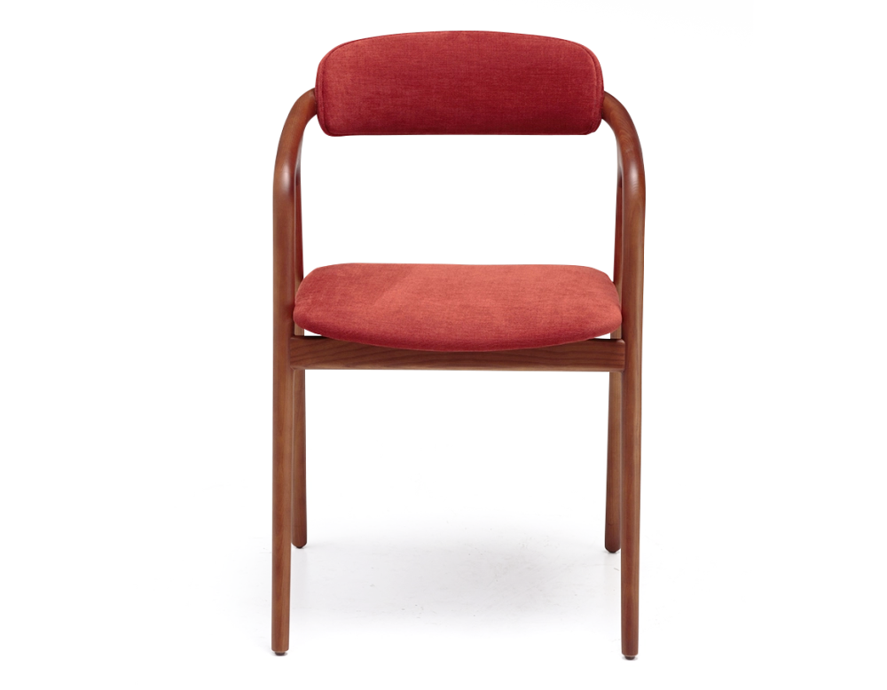 Chaise scandinave bois teinte merisier assise tissu beige orange brulé