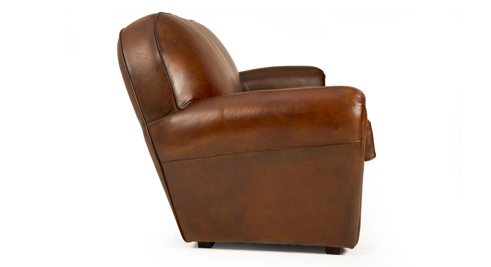 Canapé club cuir 3 places marron vintage accoudoirs cloutés