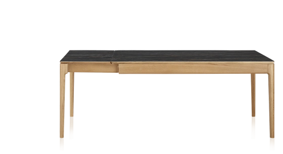 Table extensible 8 à 12 personnes en chêne et céramique allonges céramique avec bois teinte naturelle et plateau et allonges céramique effet marbre noir 210x100 cm