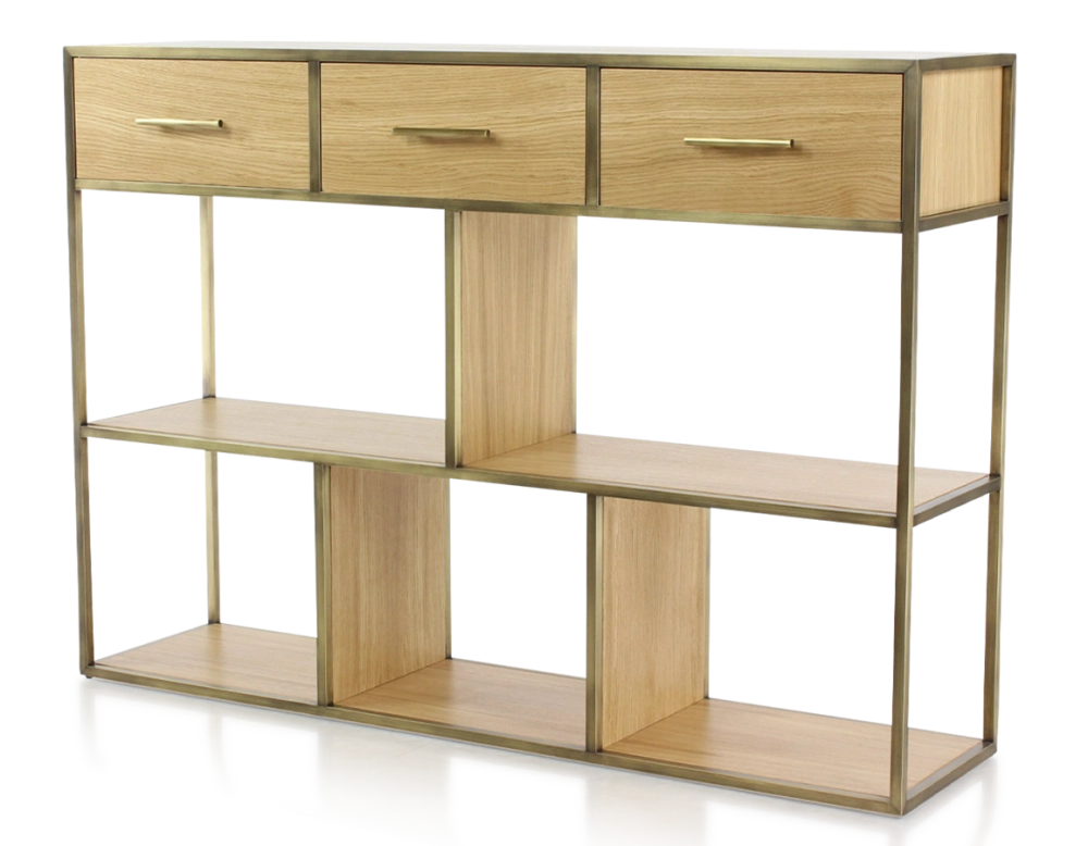Console design natural stained ash and brass patina metal