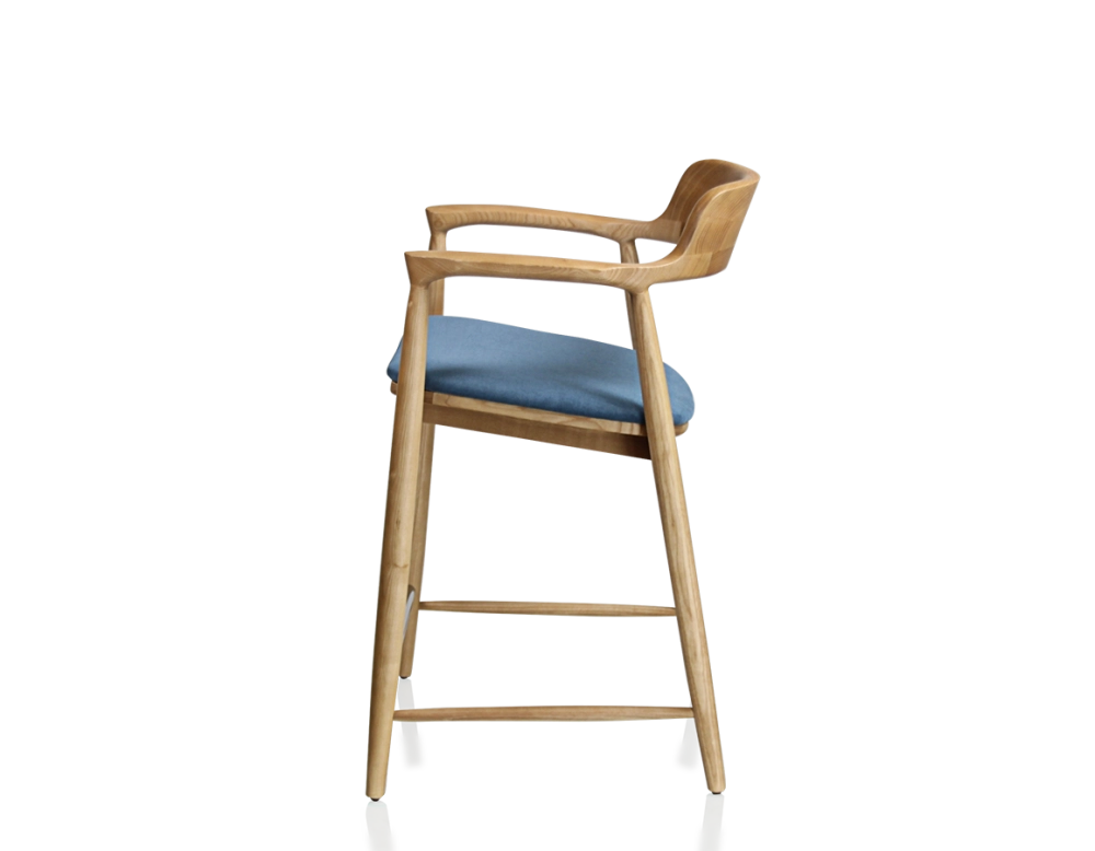 Bar stool h60 cm natural tint wood, denim blue fabric seat