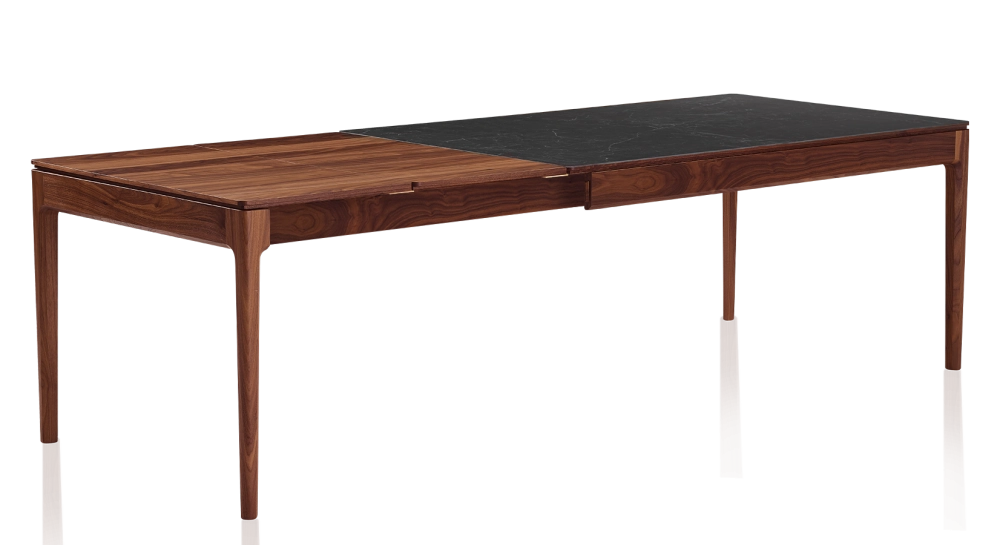 Extending table for 6 to 10 people in walnut and ceramic with wooden extensions with natural wood stain and slate effect ceramic top 140x90 cm