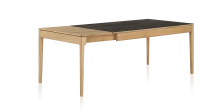 Table extensible 6 à 10 personnes en chêne et céramique allonges bois avec bois teinte naturelle et plateau céramique effet marbre noir 140x90 cm