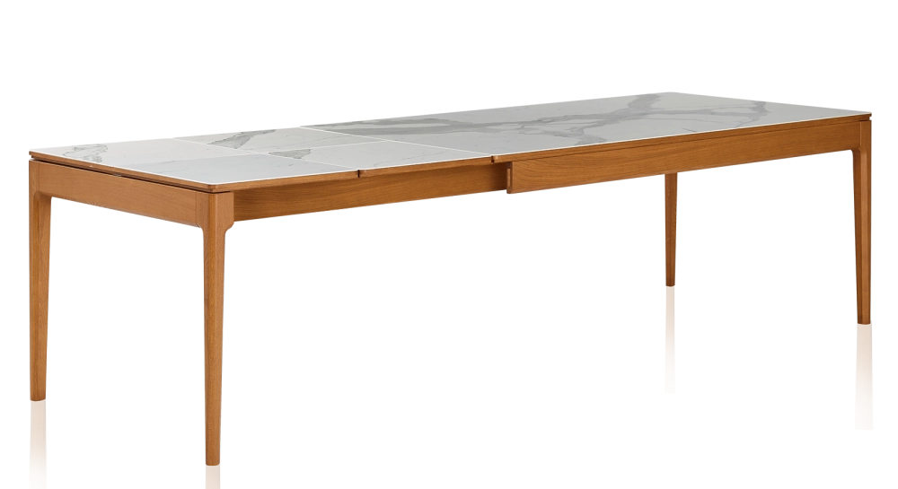 Table extensible 8 à 12 personnes en chêne et céramique allonges céramique avec bois teinte merisier et plateau et allonges céramique effet marbre blanc 210x100 cm