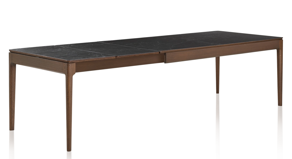Table extensible en chêne et céramique 6 à 10 personnes allonges céramique avec bois teinte marron foncé et plateau et allonges céramique effet ardoise 140x90 cm