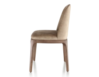 Designer chair dark brown stained wood and light taupe velvet fabric