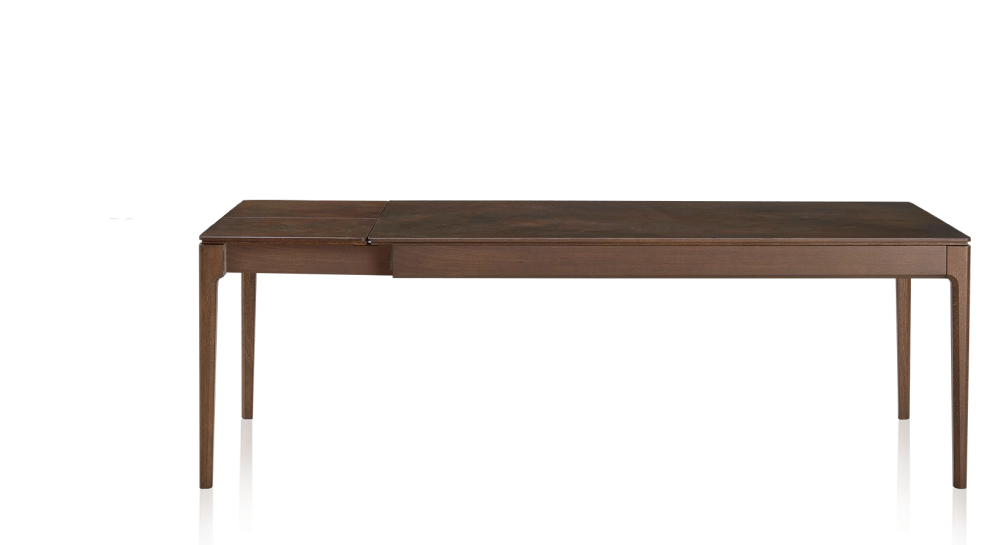 Table extensible en chêne et céramique 6 à 10 personnes allonges céramique avec bois teinte marron foncé et plateau et allonges céramique brun oxydé 140x90 cm