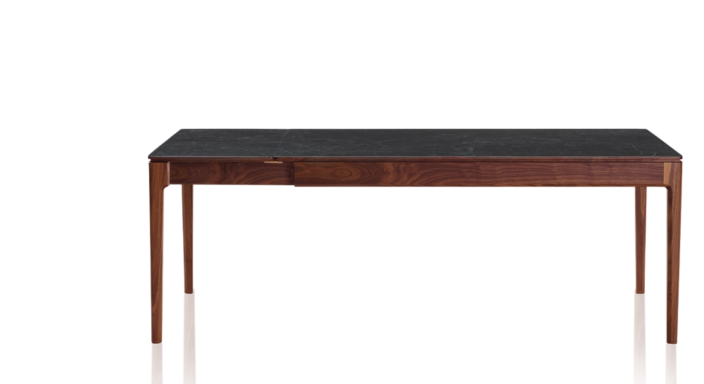 Extendable table for 8 to 12 people in walnut and ceramic, ceramic extensions with natural stained wood and ceramic slate effect top and extensions 180x100 cm