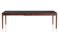 Table extensible en noyer et céramique 6 à 10 personnes allonges céramique avec bois teinte naturelle et plateau et allonges céramique effet marbre noir 140x90 cm