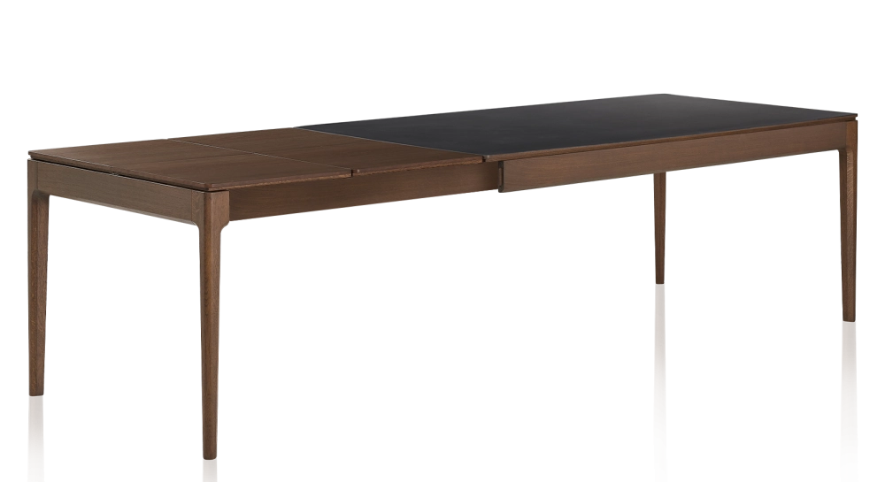 Table extensible 8 à 12 personnes en chêne et céramique allonges bois avec bois teinte marron foncé et plateau céramique noir unie 180x100 cm