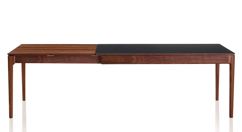 Table extensible 6 à 10 personnes en noyer et céramique allonges bois avec bois teinte naturelle et plateau céramique noir unie 140x90 cm