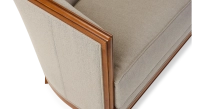 Canapé ancien 3 places accoudoirs moulurés bois teinte ancienne et tissu beige naturel