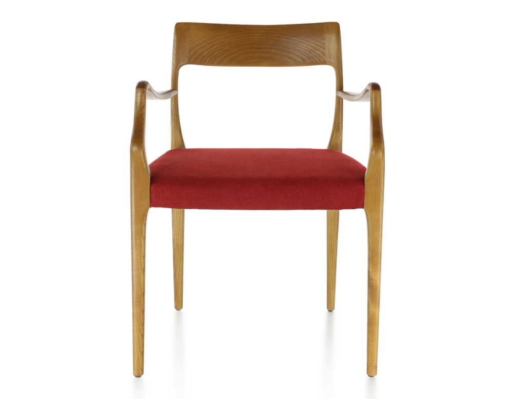 Silla escandinava con reposabrazos madera tinte cerezo asiento tejido burdeos