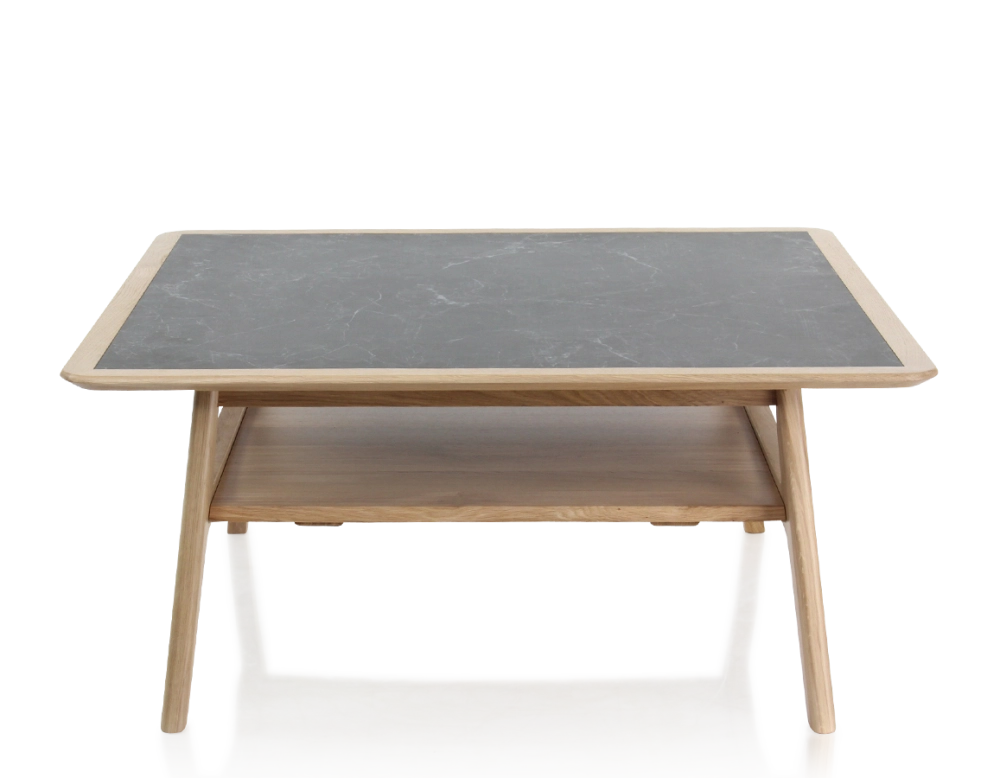 Table basse carrée en chêne et céramique avec bois teinte naturelle plateau céramique effet ardoise 100x100 cm