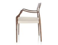 Chaise scandinave avec accoudoirs bois teinte marron foncé assise tissu chevron beige