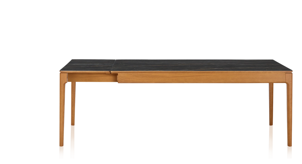 Table extensible en chêne et céramique 6 à 10 personnes allonges céramique avec bois teinte merisier et plateau et allonges céramique effet marbre noir 140x90 cm