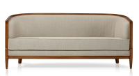Canapé ancien 3 places accoudoirs moulurés bois teinte ancienne et tissu beige naturel
